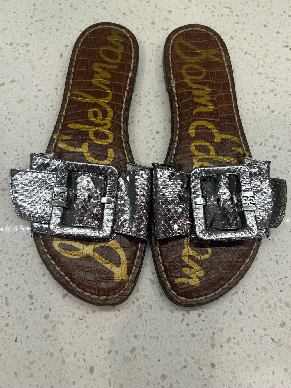 Sam Edelman Grenada Metallic Silver Snake Buckle Slide Sandals Size 9.5